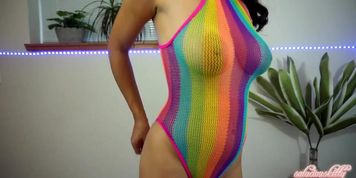 hot body amazing tits rainbow see trough swimsuit
