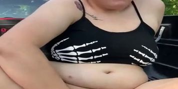 Big boob amateur fucks her dildo in the woods 
