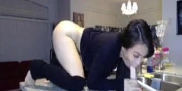 Asian Gf Riding A Huge Dildo On The Kitchen Counter