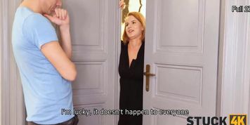 STUCK4K. Redhead is stuck because of big boobs and has unexpected sex