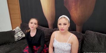 Stepdaughter blindfolds her friend to suck my dick
