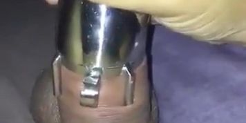 Wife forcing husband&rsquo;s hard dick into chastity cage