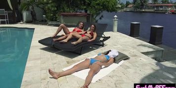 Bikini teens enjoy hot threesome lesbian sex with a toy