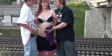 Gorgeous teen girl in PUBLIC GANGBANG Part 1