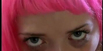 Pink haired girl gagging on a long rod (Anastasia Blue)