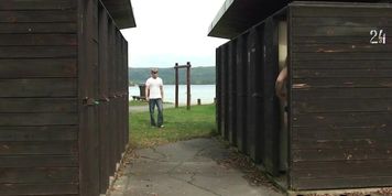 He fucks busty blonde granny in public dressing cubicle