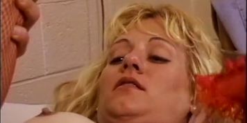 Hot blonde in red nylons getting cunt banged