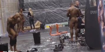 bodybuilder backstage tanning