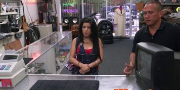 Feisty latina sucking hard cock in pawnshop