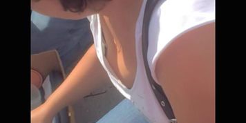 Rare boobs downblouse of the real amateur brunette milf