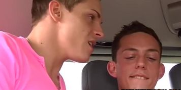Threesome for amateur and very horny twinks in moving van (Van Damage)