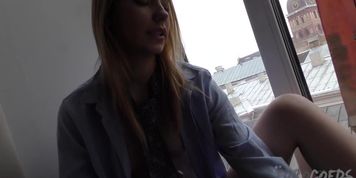 Sarah masturbating and smoking in window