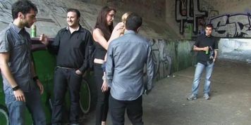 Gagged blondie Euro bitch Donna Bell tied up and vibrated outdoor in lezdom then gropped by the river and ass fucking humped in 