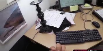Sexy brunette business woman selling old stuff ends up in the office