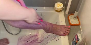 Chubby BBW with huge natural boobs and tattoos soaping up her pussy, bum, and feet in the shower - amateur voyeur HD
