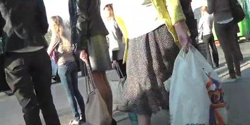 Sexy hose upskirt on bus stop