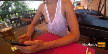 Eating burger and flashing in the cafe Transparent T-shirt No Bra (teaser) v2