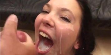 Smiling sperm happy German girl gang-banged