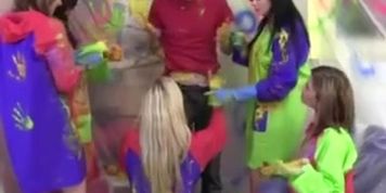 CFNM femdom babes undressing art teacher