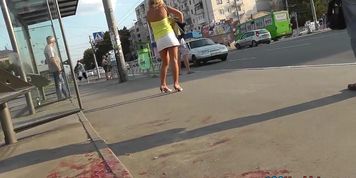 Upskirt panties of the tanned blonde mature lady