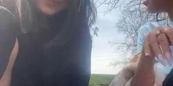 Two cute stocking lesbian teen babes outdoor teasing