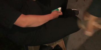 Cum on woman at bus stop