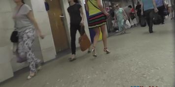 Young peach presents petite ass in upskirt in public