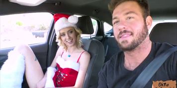 Petite hitchhiker Haley Reed rubs her pussy in the car