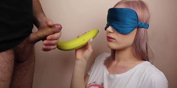 Petite step sister got blindfolded in fruits game