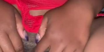 Masturbating thick ebony in red lingerie