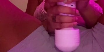 Busty Ebony squirts all over herself OF