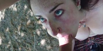 Sexy British redhead swallows big dick for a huge mouthful of cum in public