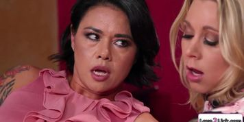 Asian milf teaches busty bff how to masturbate and licks her