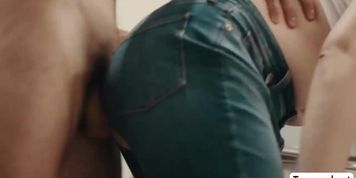 Horny stepdad rips off TS stepteen jeans and barebacks her