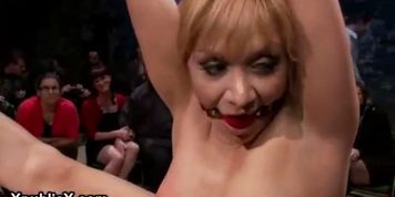 Gagged bound babe on one leg ass hooked and fucked in public