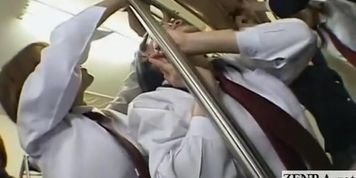 Subtitled CFNM Japanese schoolgirls train blowjob party