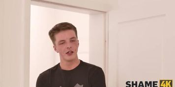 Walking in on a busty brunette with a fat ass and huge boobs