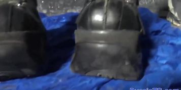 Russian tgirl sucks dildo before toying ass