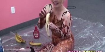 Sticky slut really loves banana split
