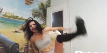 Dutch girl shows off her camel toe and boobs on webcam