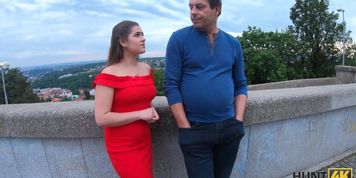 HUNT4K. Naughty chick in bright dress sucks cock and gets nailed by stranger for money