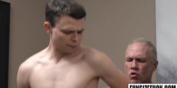 Two muscular daddies shares this petite guys tight asshole