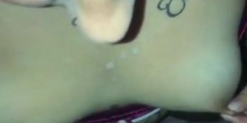 Slow-mo cumshot on tattooed whores chest
