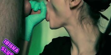 Little slut in medical gloves sucked sperm from a guy