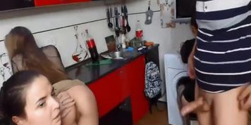 Hardcore threesome in kitchen with two slutty horny girls live at sexycamx.com