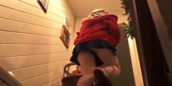 Blonde wife in short blue skirt
