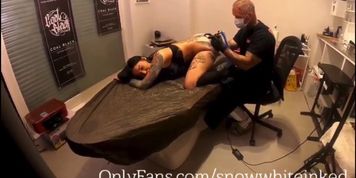 Crazy tattoo slut gets her butt hole tatted and suck 2 guys (Snowwhite Inked)