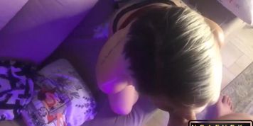 Cumshot on the StepSisters Face she did a Deep Blowjob and Sat on a Vibrator
