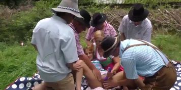 outdoor lederhosen gangbang orgy