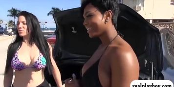 Sexy women convinced to flash their nice boobs for money